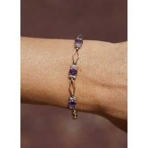 Vintage 14k Solid Yellow Gold Natural Amethyst & Diamond Tennis Bracelet - 5.23g